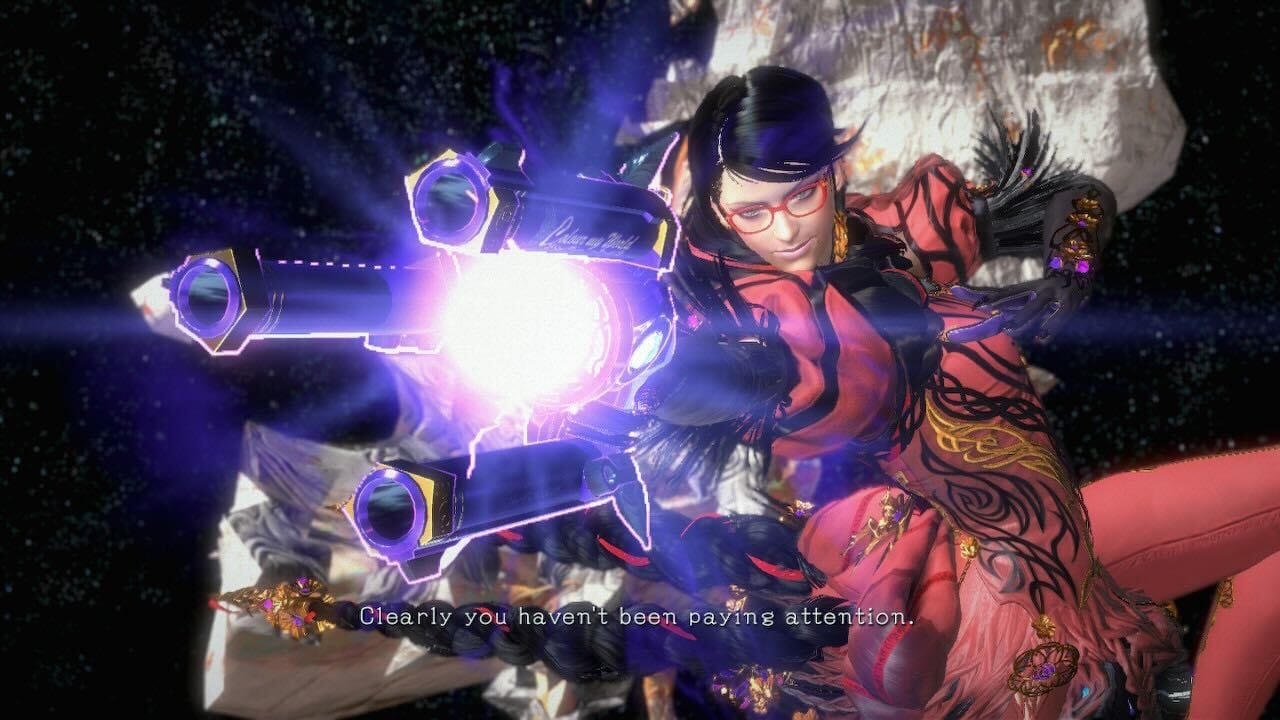 Bayonetta posing with her guns pointed off screen as she says, "Clearly you haven't been paying attention."