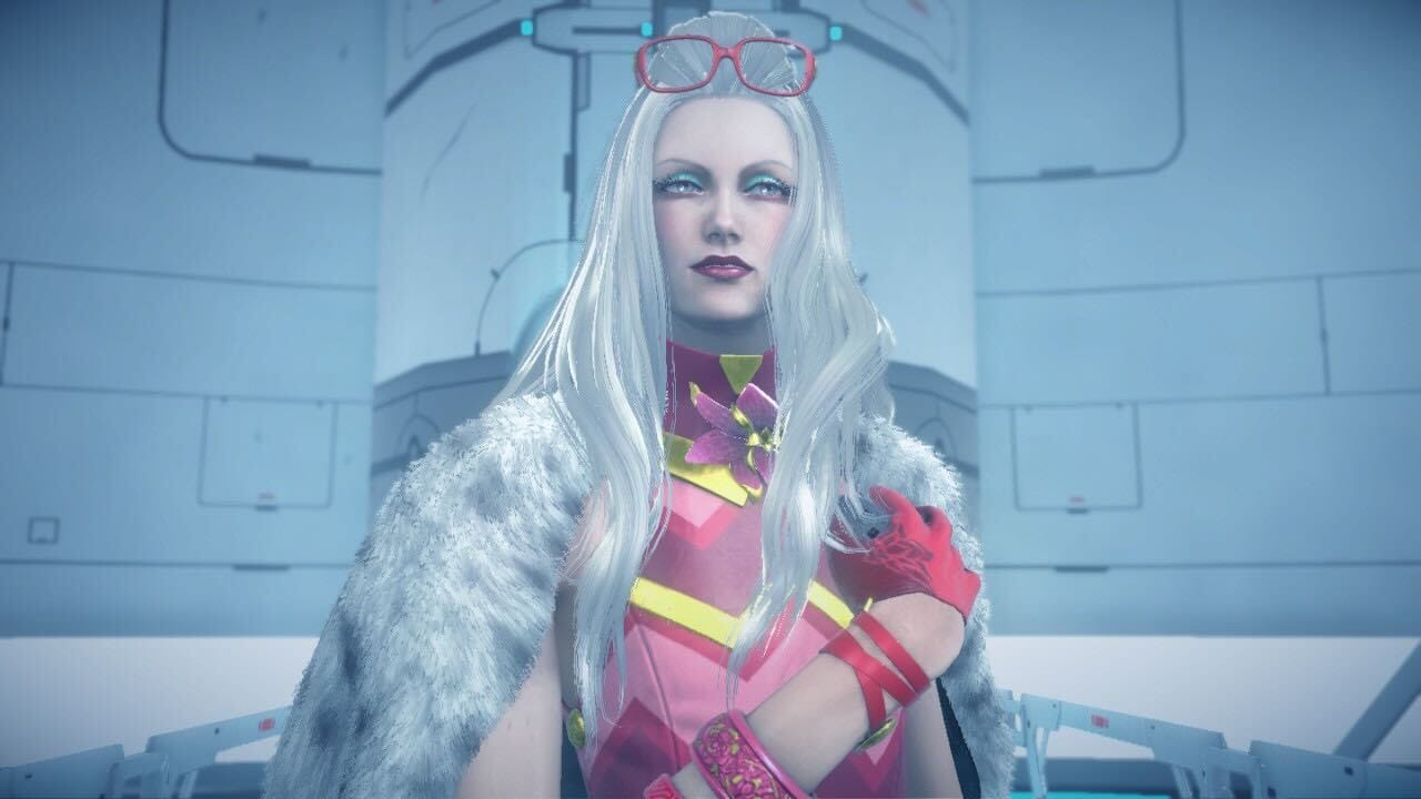 Jeanne, a platinum-blonde witch from the Bayonetta series, facing the camera looking serious