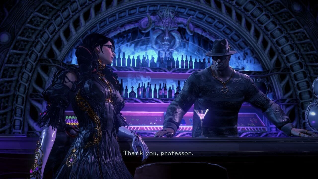 Bayonetta hanging out with one of her many damned pals, Rodin the weapons dealer