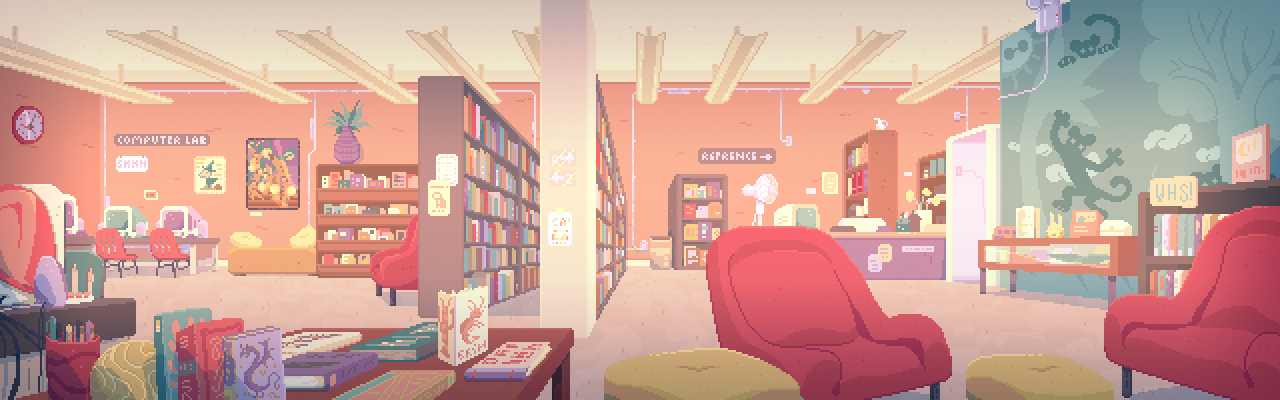 A screenshot from Perfect Tides: Station to Station shows the computer lab and library.