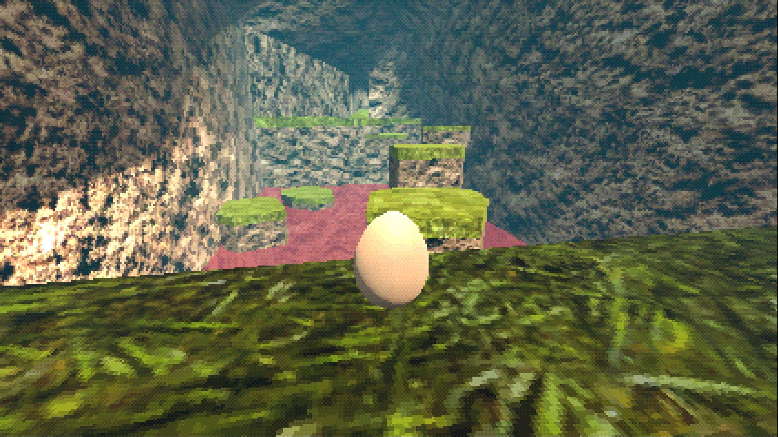 An egg sits on the edge of a platform, looking across a chasm with several platforms floating above it.