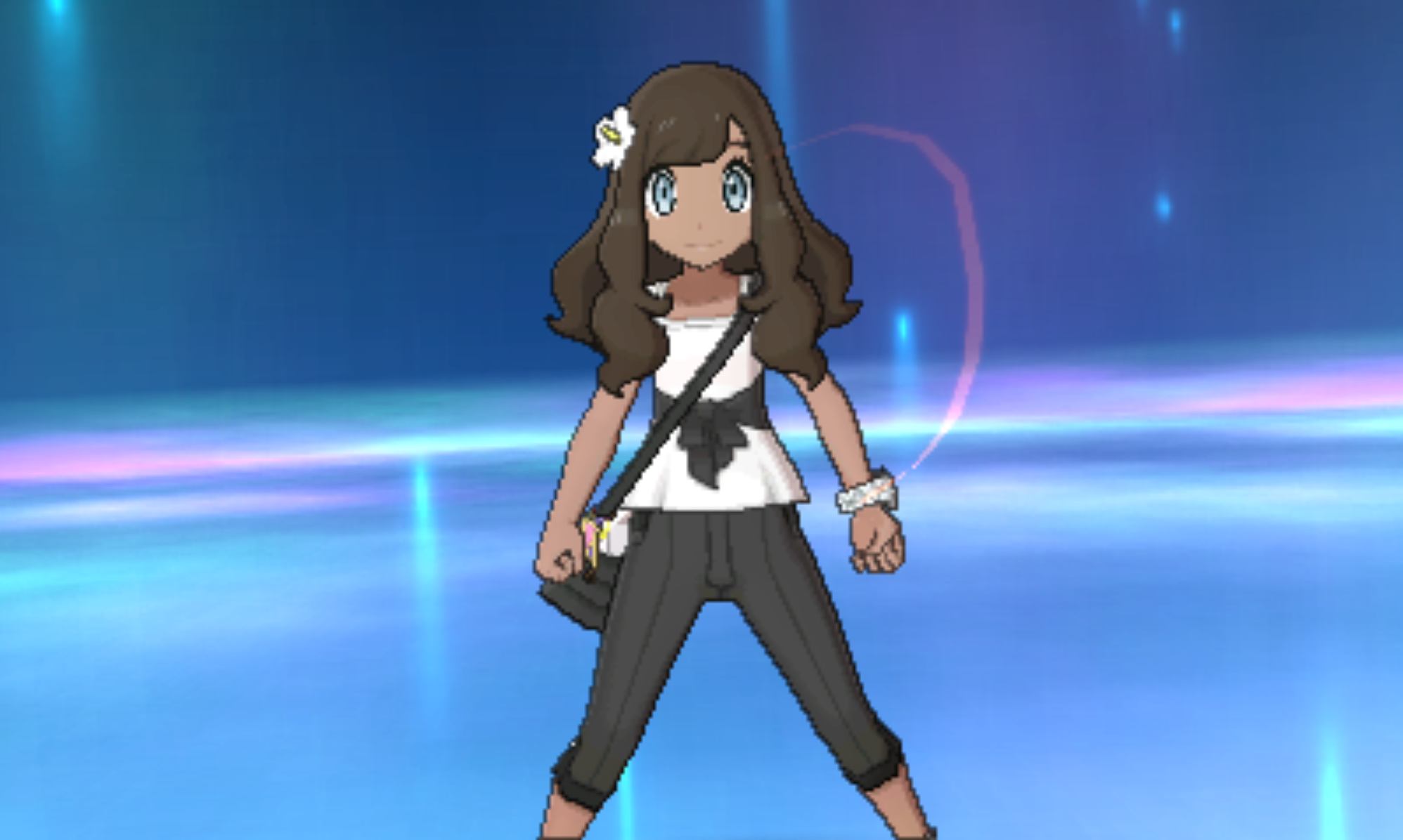 A screenshot of the trainer from Pokémon Sun and Moon. She has long black hair and is wearing a white shirt with a black bow and black capri pants