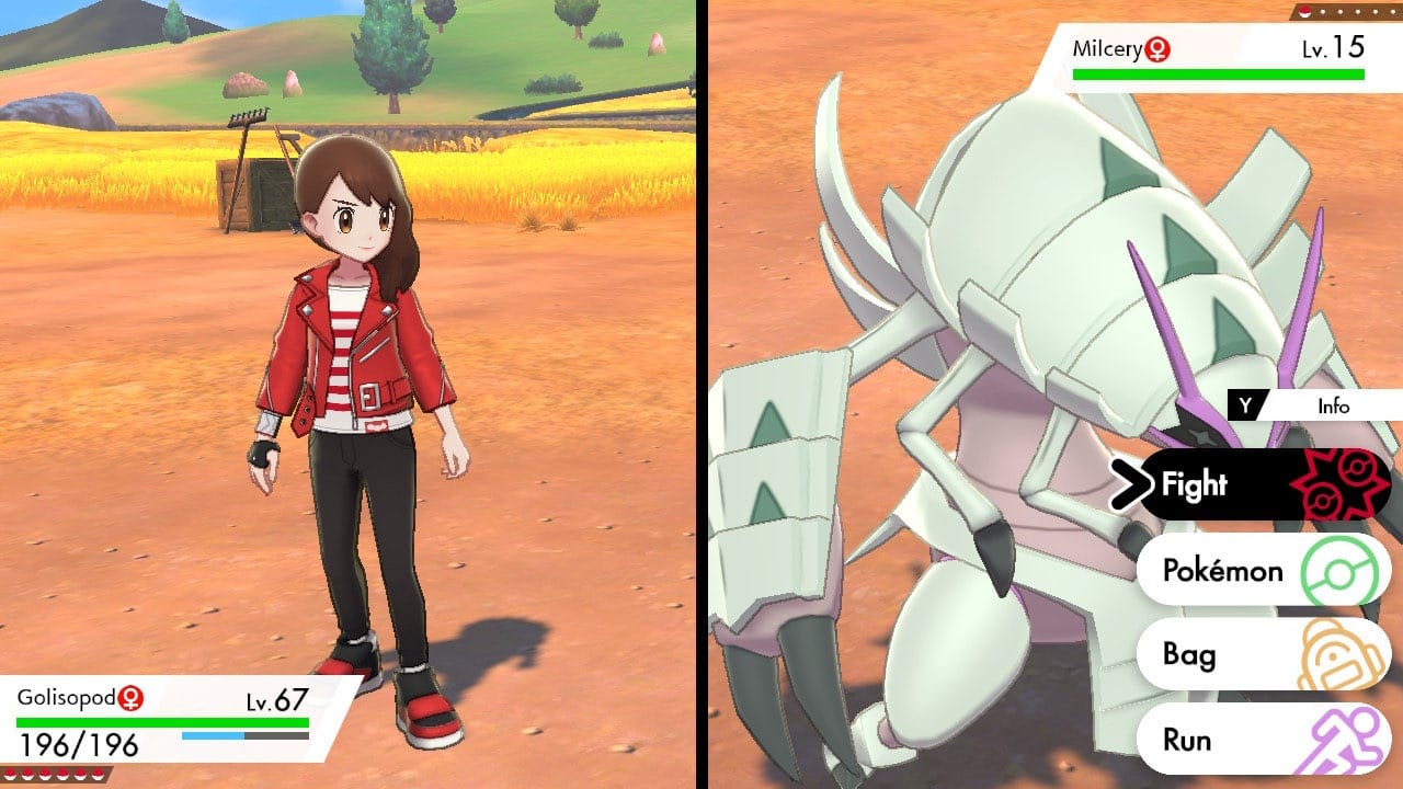 An image of the trainer from Pokémon Sword and Shield in the midst of a battle between Golisopod and Milcery. The trainer is wearing black pants and a red leather jacket.