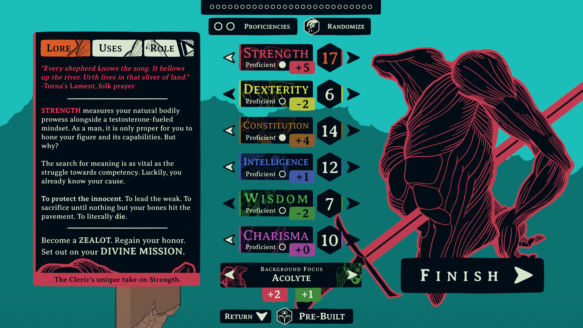 The character creation screen in Esoteric Ebb. It shows the "lore" tab of the Strength ability.