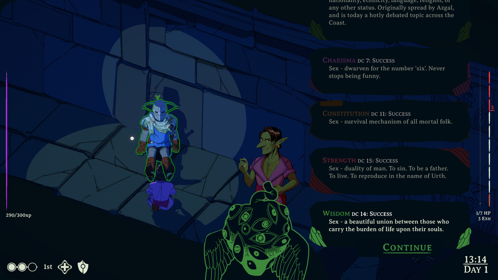 Ragn and Snell take a rest, sitting on the floor of a dungeon. The dialogue reads out each ability's definition of sex.