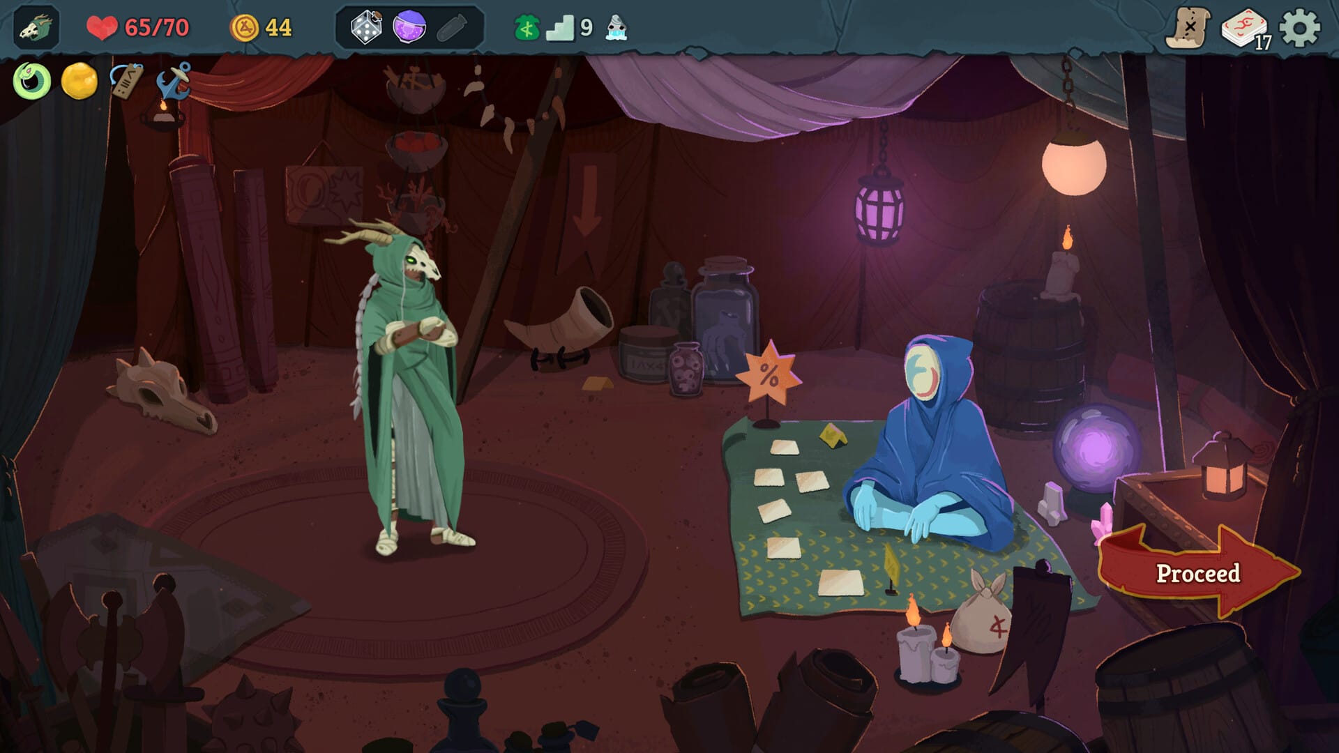 A character from Slay the Spire 2 talking to another character who is seated on a blanket with wares displayed in front of them