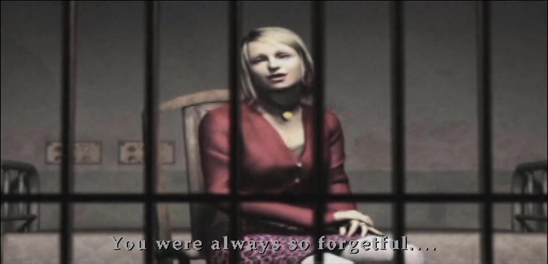 Maria sitting on a bed in a barred cell, saying, "you were always so forgetful..." She has short blonde hair and is wearing a red sweater and pink leopard print skirt.