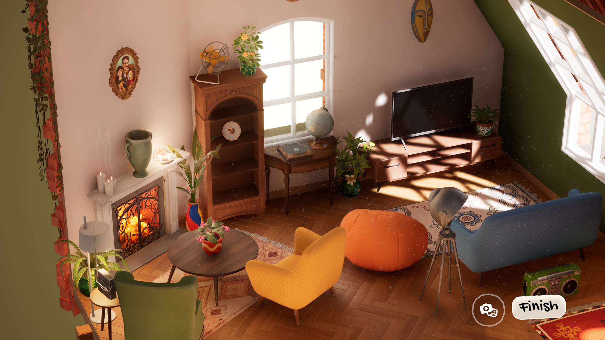 A cozy living room with two big windows on either wall. A lit fire and candles on the mantle sit before several cozy chairs. The light from the windows cast realistic lighting across the living room space.