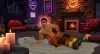 A sexy fireman Sim lying down on a bearskin rug in front of a fireplace