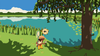A screenshot from Kabuto Park shows a child in yellow rainboots holding a bug net and crouching to look at the grass with a magnifying glass. A big tree, a pond, and reeds are nearby.