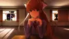Monika sitting at a desk, facing the screen, her hands folded under her chin. In the windows behind her, there's a starry sky filled with explosi