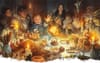 A painting of various D&D characters of different backgrounds and races, gathered around a table full of food, laughing and smiling